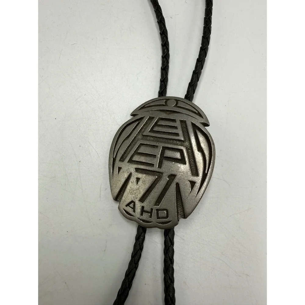 Vintage AHD Geometric Abstract Bolo Tie Black Braided Cord Pewter Tone Western